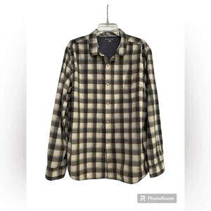 Horny Toad Button Up Shirt Mens XL Organic Cotton Beige Blue Plaid Chore